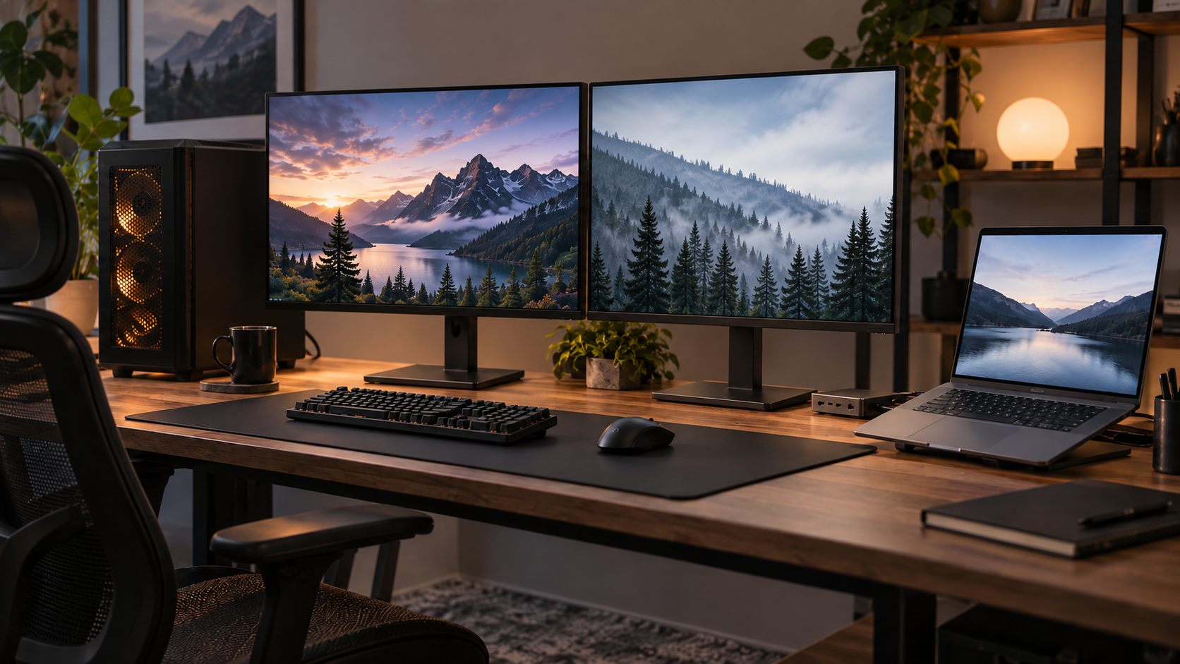 Gaming PC and work laptop sharing monitors, keyboard, and mouse