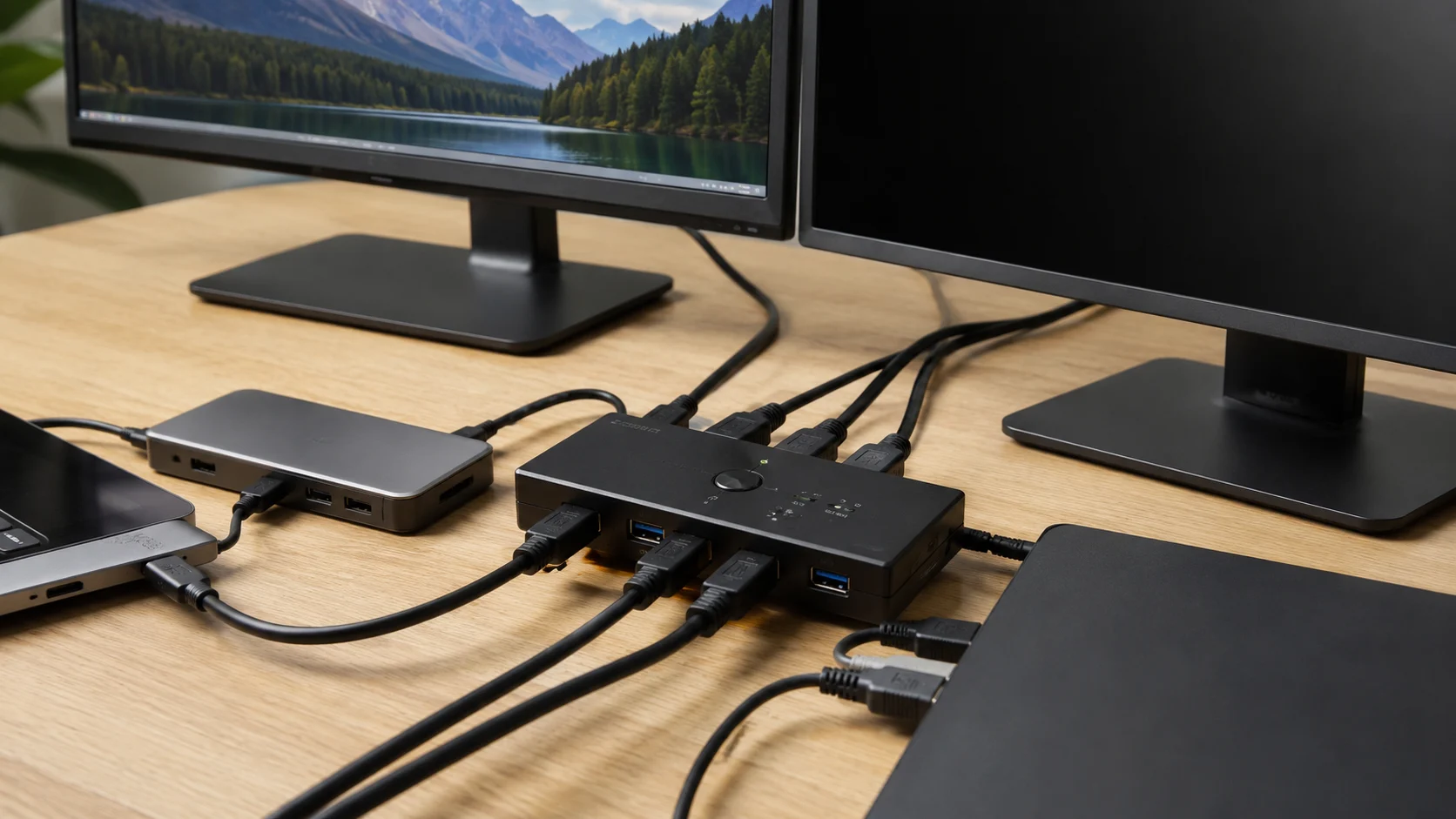 Dual-monitor KVM signal paths connecting two computers to two displays