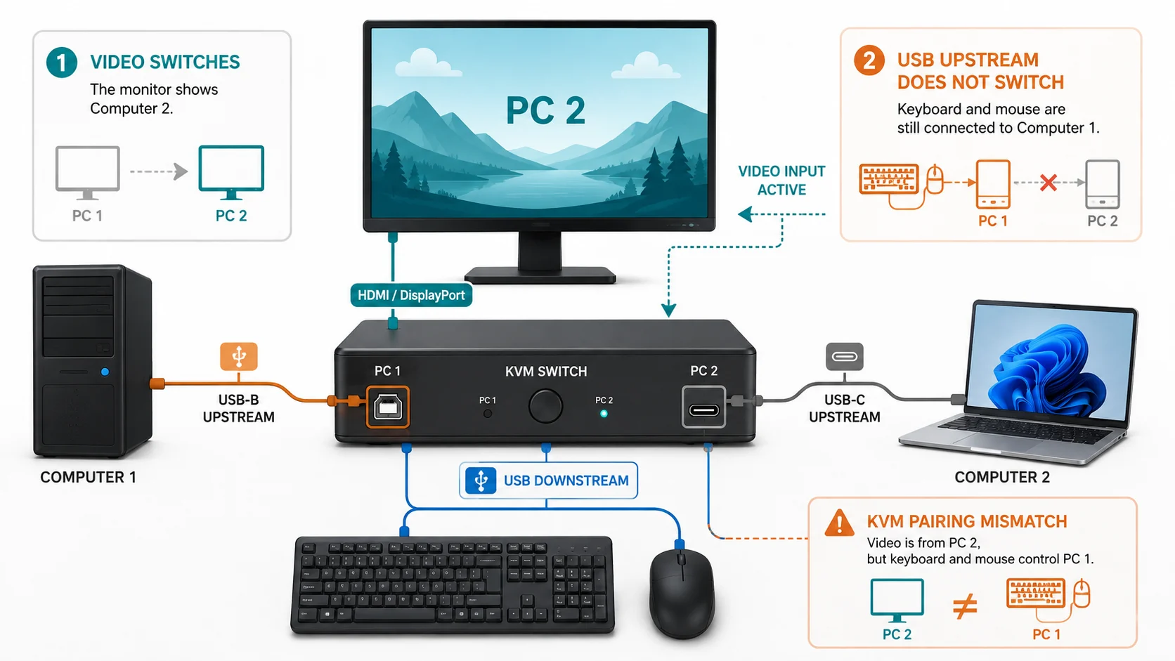 Conceptual monitor with built-in KVM: two computers reach it through separate video and USB paths, while the keyboard and mouse connect to the monitor; it does not establish compatibility for a specific device pair