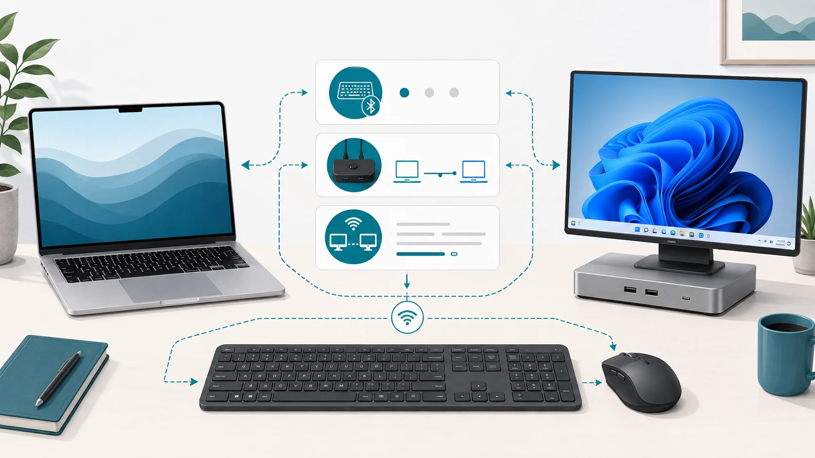Conceptual Mac and PC workspace with separate screens and one central keyboard and mouse; it does not establish which input-sharing method will work for a specific setup