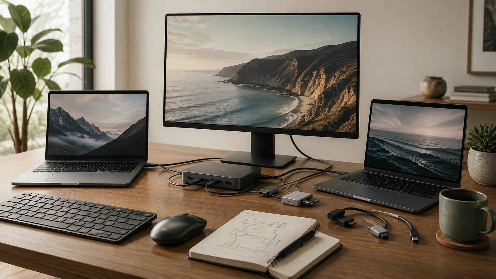Multiple computers, displays, a dock, and connection hardware arranged on a working desk