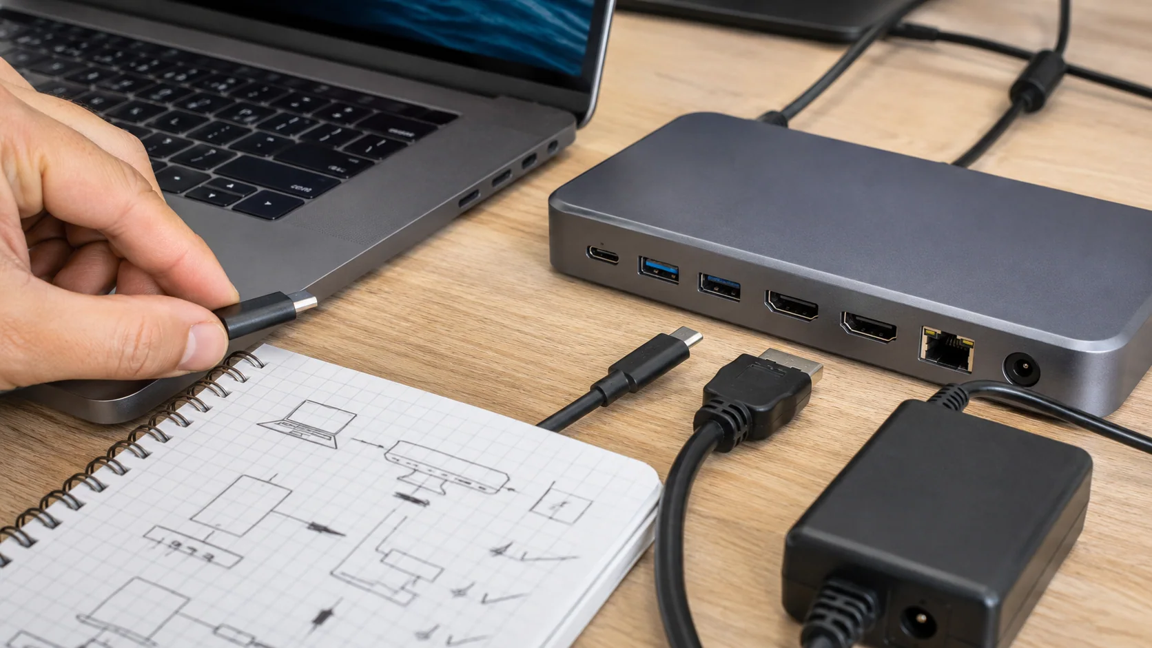 Laptop, cable, docking station, displays, and peripherals arranged for compatibility checking