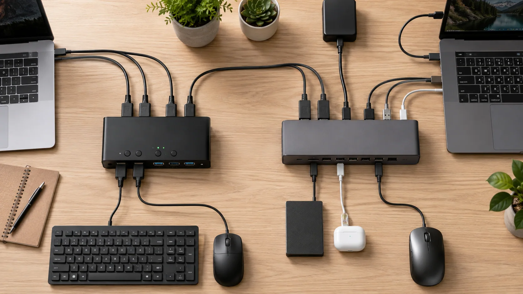 Top-down comparison of a KVM switch and docking station connected to two laptops
