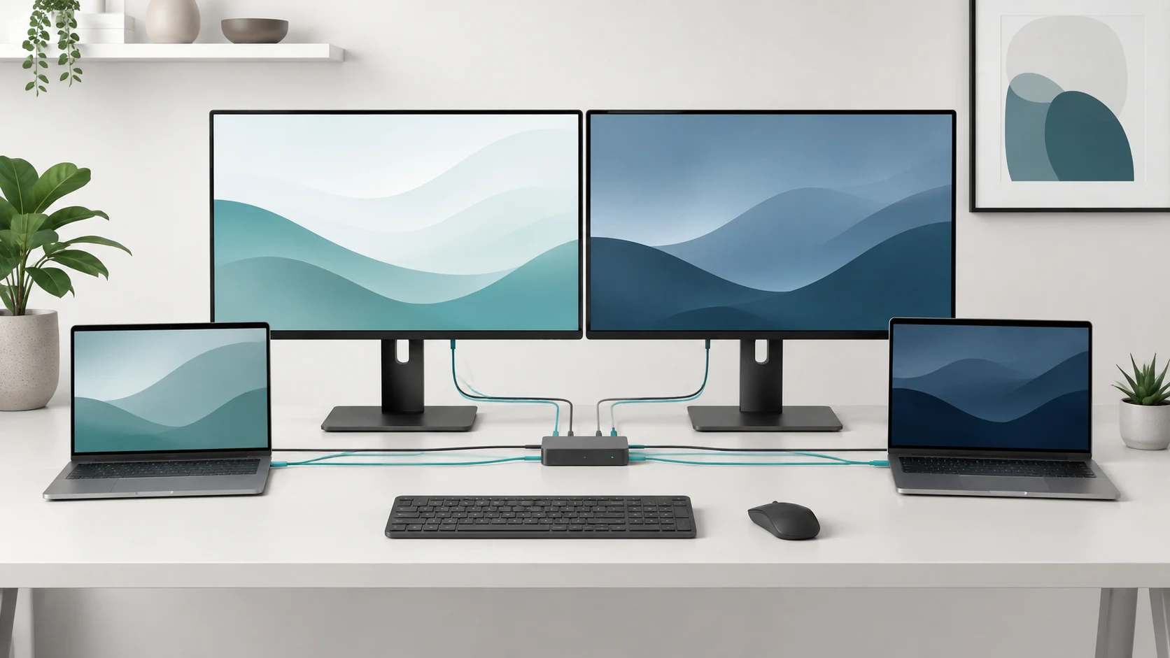 Two computers sharing two monitors, one keyboard, and one mouse through a KVM setup