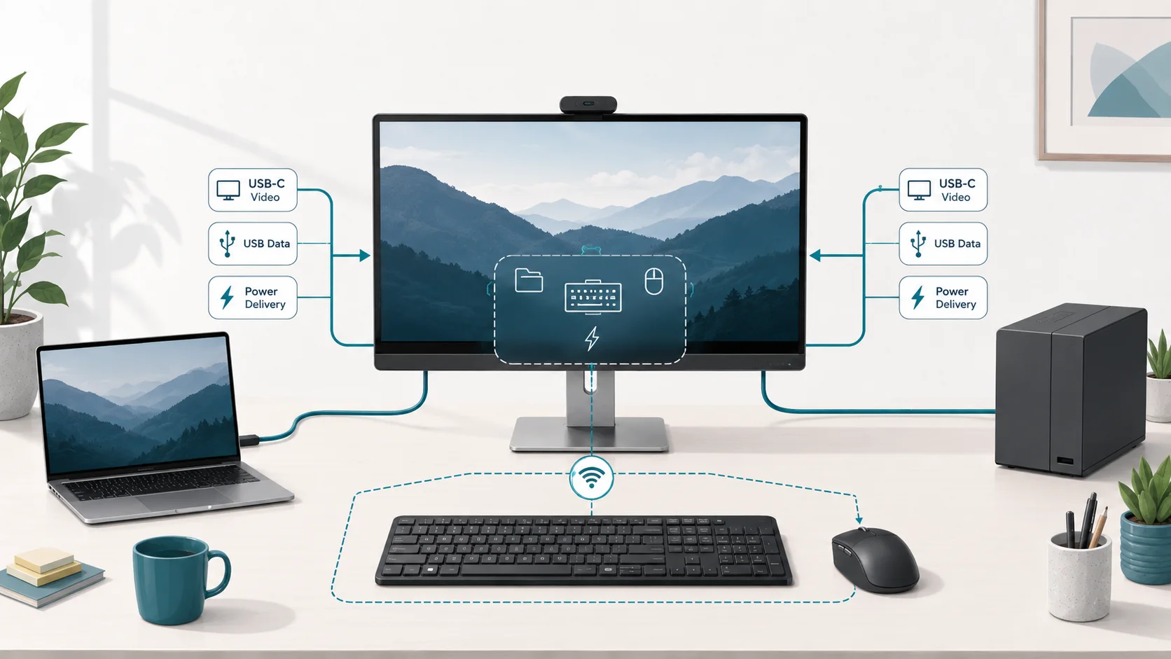 USB-C monitor with a built-in KVM compared with a monitor using external switching hardware